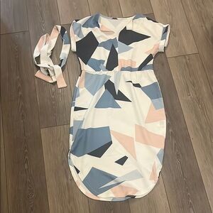 Blue and White Sheath Midi Dress with Notched Collar